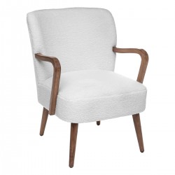 Fauteuil "Chiara" à boucle blanc pour vos moments cosy, pieds et accoudoirs en bois d'hévia