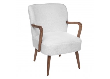 Fauteuil "Chiara" à boucle blanc pour vos moments cosy, pieds et accoudoirs en bois d'hévia