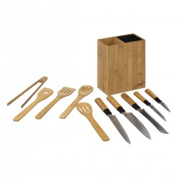 Bloc de 5 couteaux et 5 ustensiles de cuisine en bambou