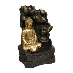 Fontaine zen avec bouddha doré pour des heures de détente dans votre intérieur. Alimentation par secteur