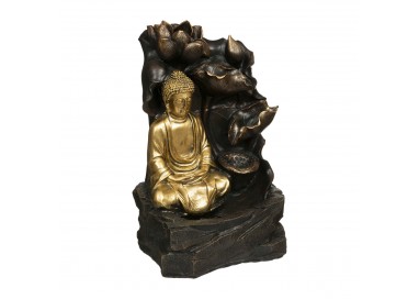 Fontaine zen avec bouddha doré pour des heures de détente dans votre intérieur. Alimentation par secteur