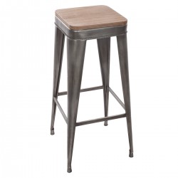 Tabouret de bar en métal gris et bois de badamier, pour une cuisine au style industriel et contemporain, My Kozy Shop