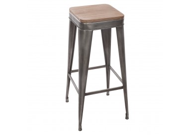 Tabouret de bar en métal gris et bois de badamier, pour une cuisine au style industriel et contemporain, My Kozy Shop