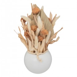 Composition de fleurs séchées dans son pot boule en céramique blanche, pour une déco ethnique chic. My Kozy Shop