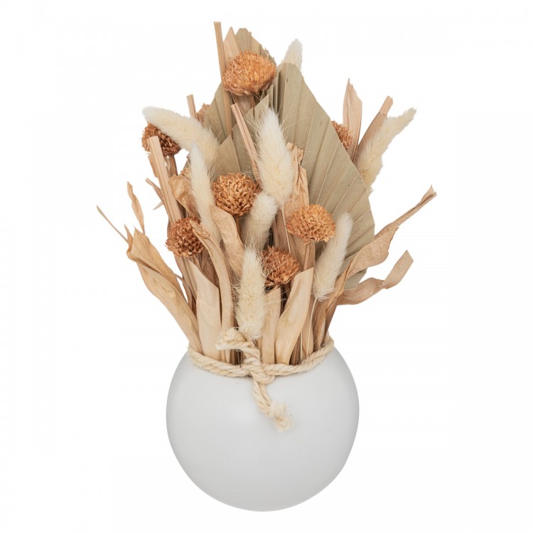 Composition de fleurs séchées dans son pot boule en céramique blanche, pour une déco ethnique chic. My Kozy Shop