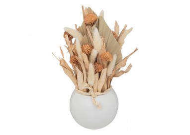 Composition de fleurs séchées dans son pot boule en céramique blanche, pour une déco ethnique chic. My Kozy Shop