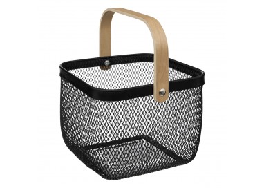 Panier en métal ajouré noir et sa anse en bois. My Kozy Shop