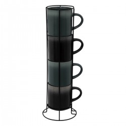 Rack de 4 mugs en grés noir et bleu nuit et son support en métal noir.