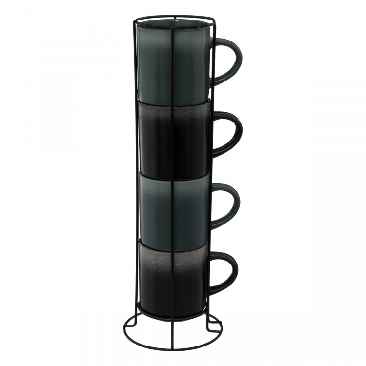 Set de 4 tasses en porcelaine avec support de rangement vertical en métal  noir