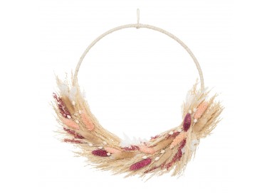 Couronne de fleurs séchées avec une touche de rose à suspendre pour une déco nature bohème assurée ! My Kozy Shop