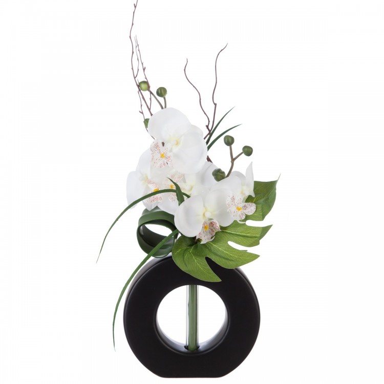 Composition d'orchidée et son vase percé en céramique