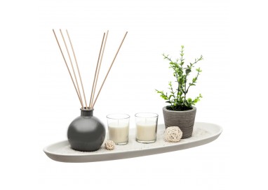 Plateau senteur zen, avec plateau en bois, plantes, bougies et diffuseur de parfum.