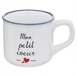 Tasse Mot doux Mon petit cœur en céramique blanche et liseré bleu