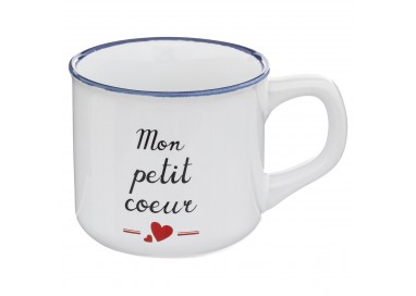 Tasse Mot doux Mon petit cœur en céramique blanche et liseré bleu