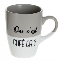 Tasse à café "Qui c'est café ça?" bicolor blanc et gris en céramique