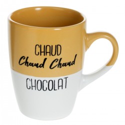 Mug bicolore blanc et moutarde en céramique "Chaud chaud chaud chocolat"